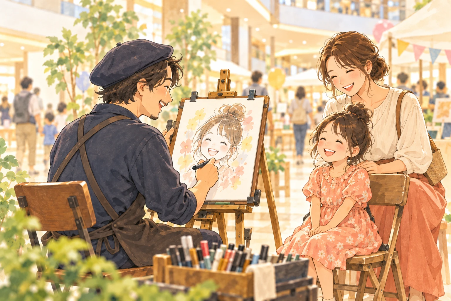 母親に見守られながら、女の子が似顔絵を描いてもらう様子のイメージイラスト