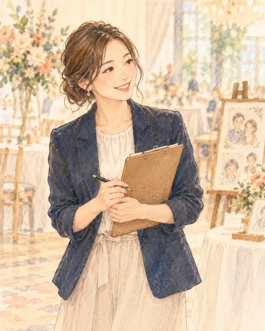 似顔絵が飾られた会場で、クリップボードを持つ女性スタッフのイメージイラスト