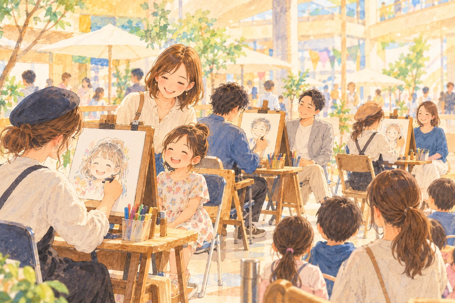 イベント会場で複数の作家が来場者の似顔絵を描き、親子が見守る様子のイメージイラスト