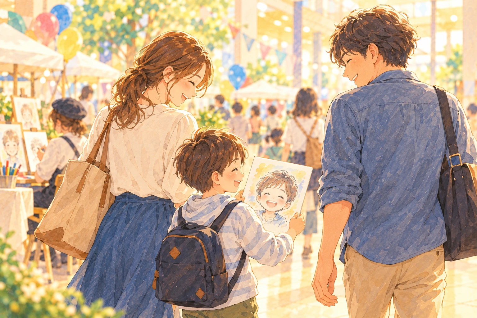 完成した自分の似顔絵を持ち、両親と会場を歩く男の子のイメージイラスト