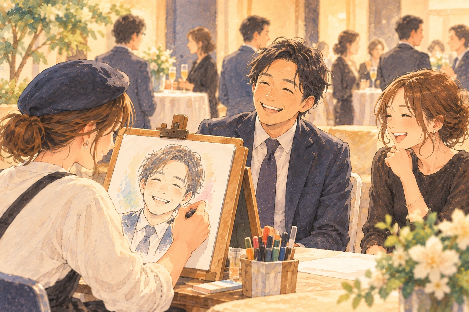 パーティー会場で男性が似顔絵を描いてもらい、隣の女性と笑顔で楽しむ様子のイメージイラスト