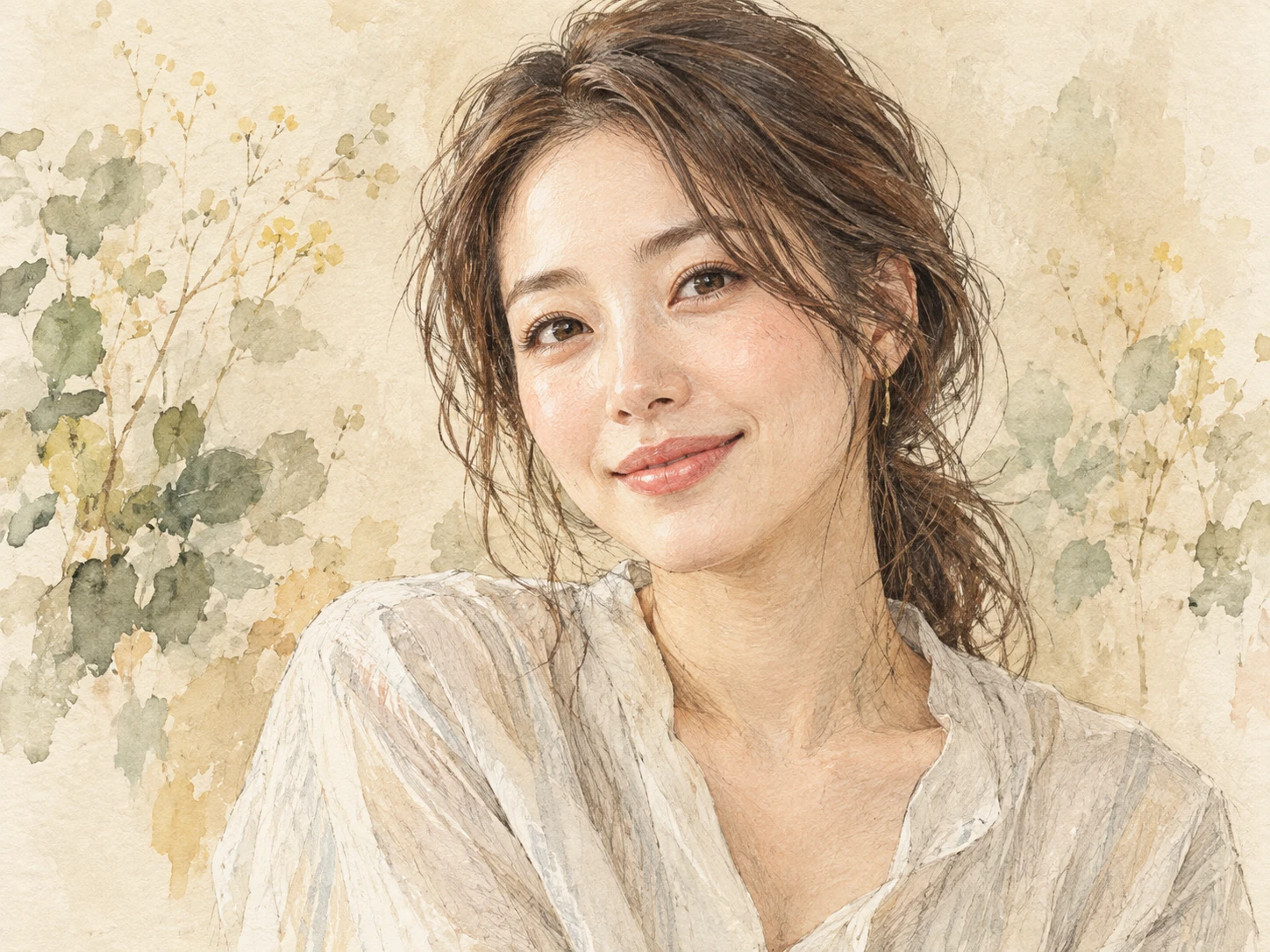 淡い草花を背景に、柔らかな水彩風で描かれた女性の肖像のイメージイラスト