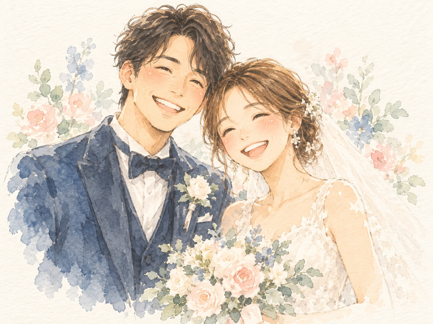 花に囲まれ、笑顔で寄り添う新郎新婦の似顔絵のイメージイラスト