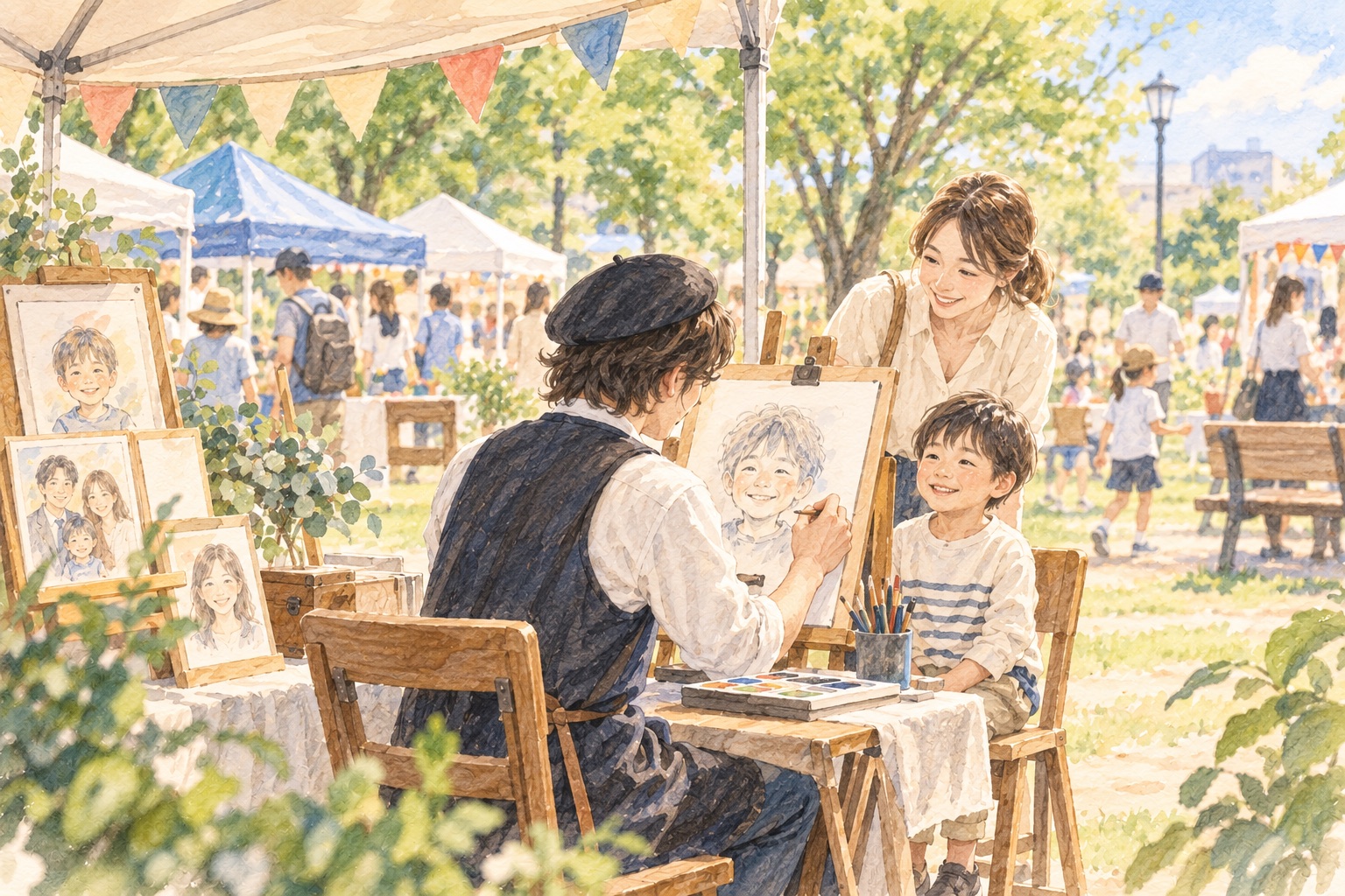 屋外のイベントで男の子の似顔絵を描く作家と、笑顔で見守る母親のイメージイラスト