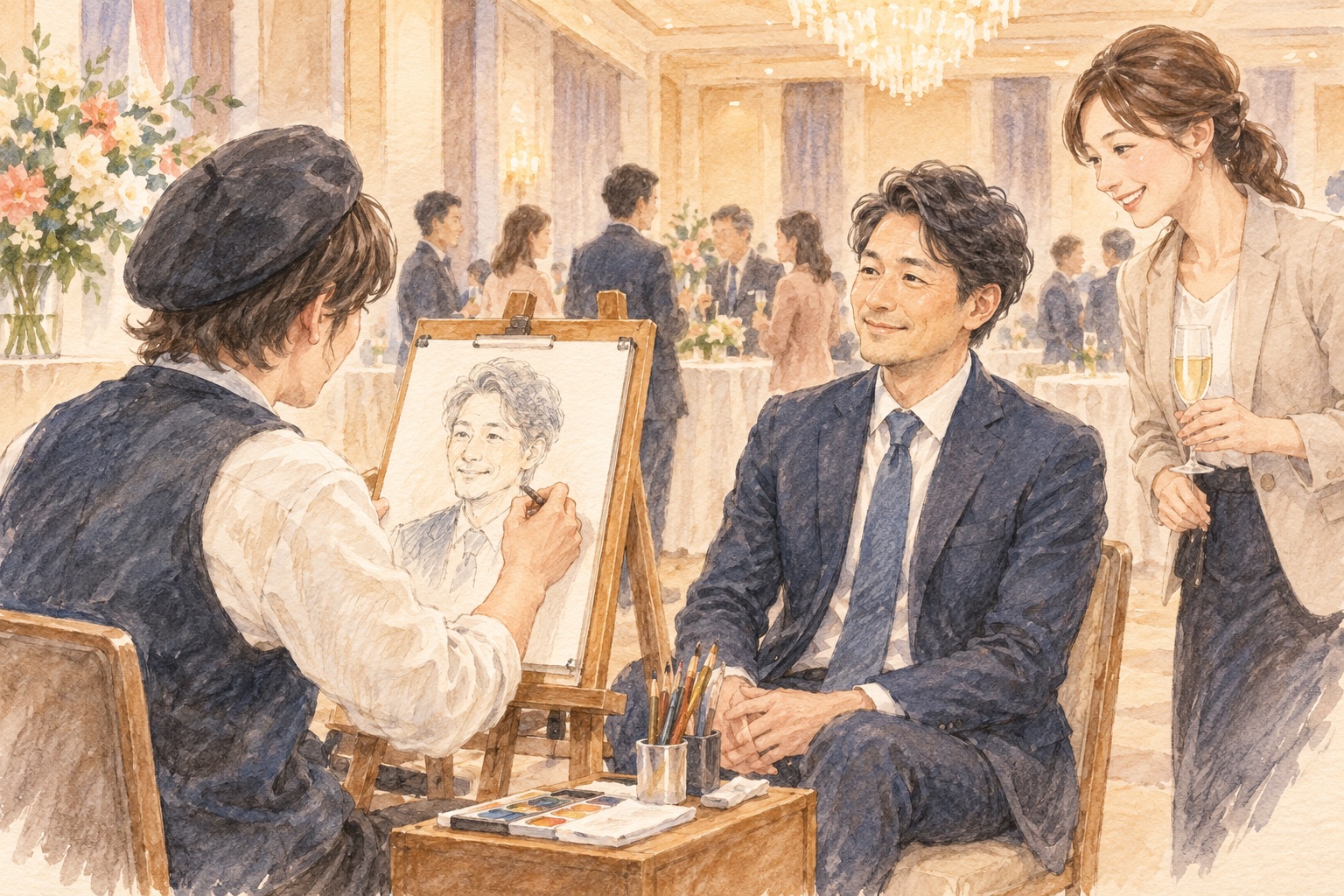 企業イベントで似顔絵を楽しむ様子のイメージイラスト